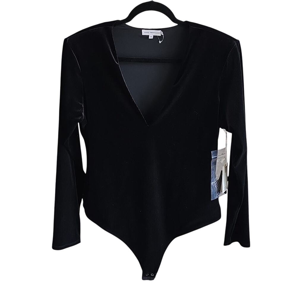 Good American Black Velvet Deep V Bodysuit Womens GA Size5 US Size 2X NWT
